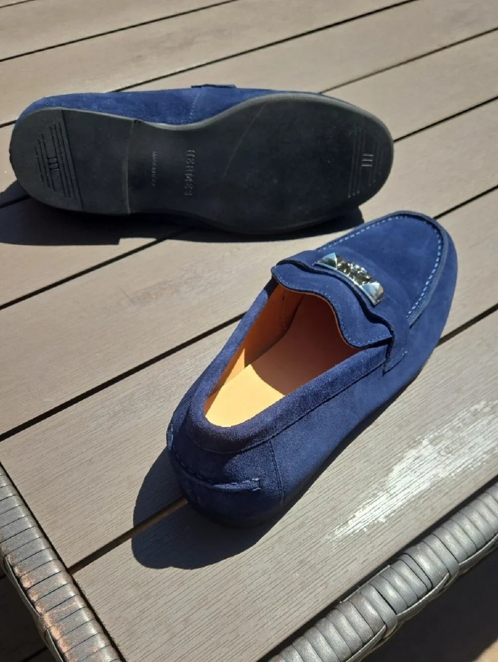 Hermes Navy Suede Loafers with Silver Hardware